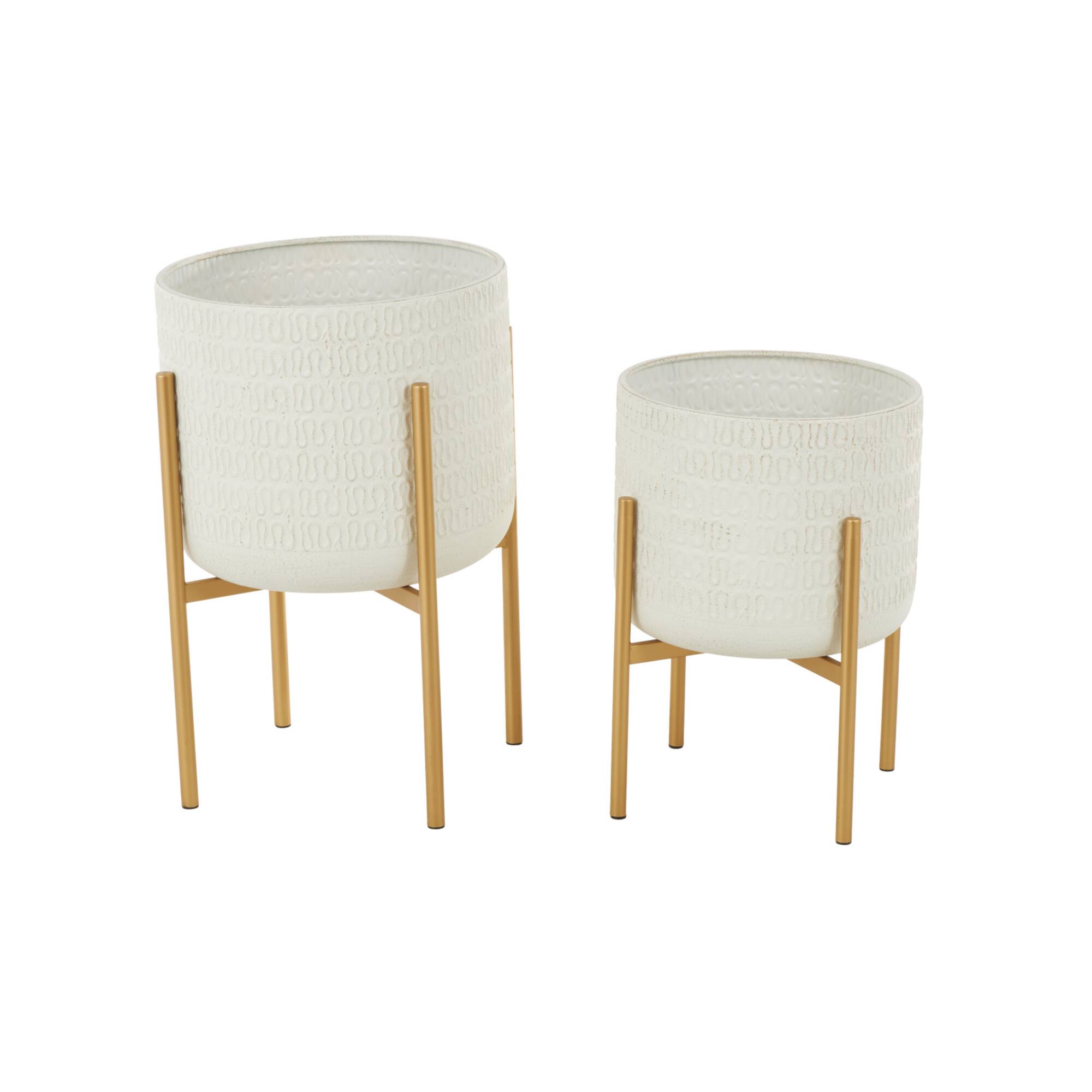 White & Gold Metal Dome Planter with Stand Set